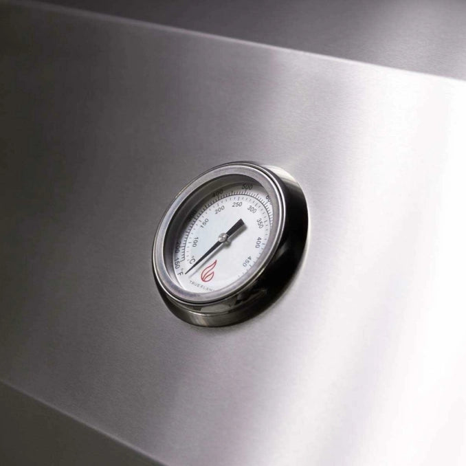 TrueFlame stainless steel grill hood thermometer close-up