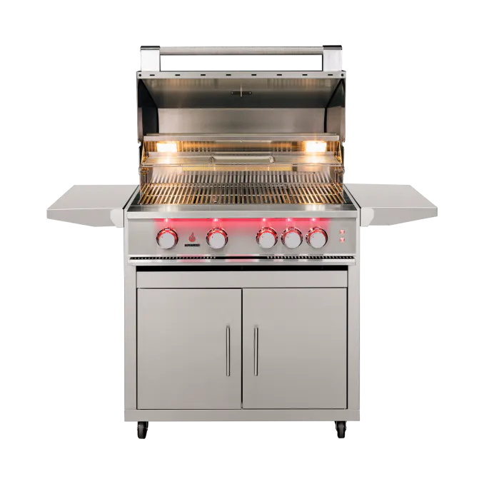 32-inch TrueFlame freestanding gas grill with open hood, interior lighting and deluxe stainless steel cart