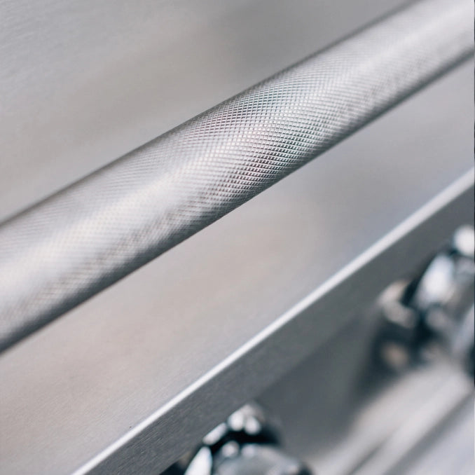 Knurled stainless steel handle detail on TrueFlame TFE 25-Inch gas grill