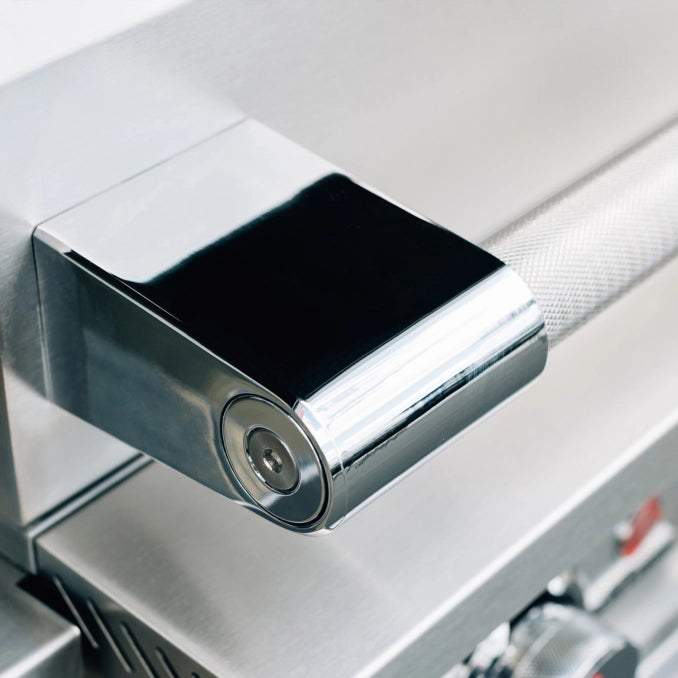 Heavy-duty hood hinge and handle detail on TrueFlame TFE25 gas grill