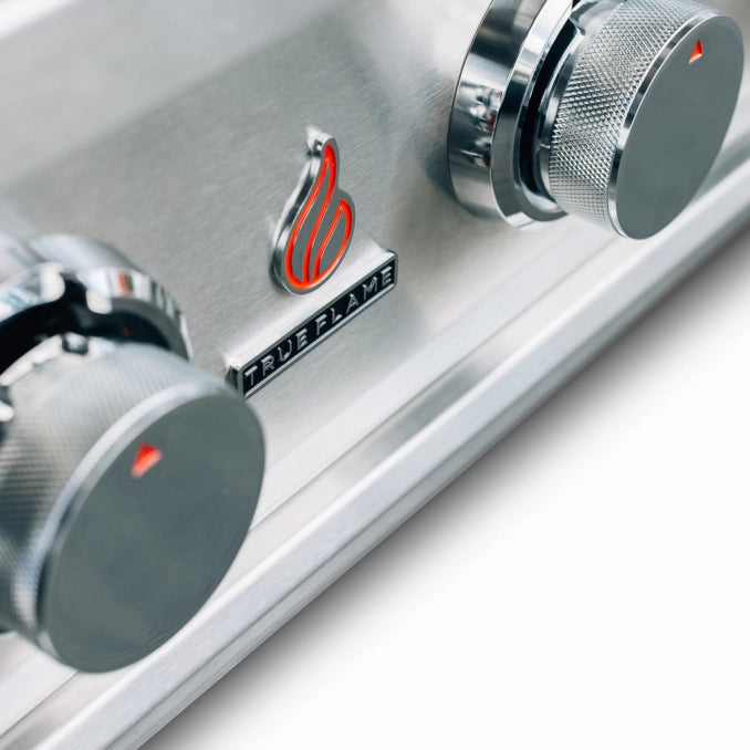 TrueFlame logo and control knobs on TFE25 stainless steel gas grill