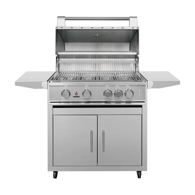 32-Inch TrueFlame TFE freestanding gas grill with hood open, cooking grates and stainless steel cart