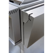 TrueFlame 30-Inch Freestanding Griddle Cart soft-close door hinge detail in 304 stainless steel