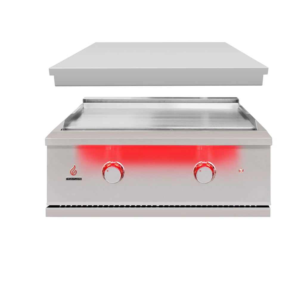 TrueFlame TFG30 built-in gas griddle with removable 304 stainless steel lid shown above the cooking surface
