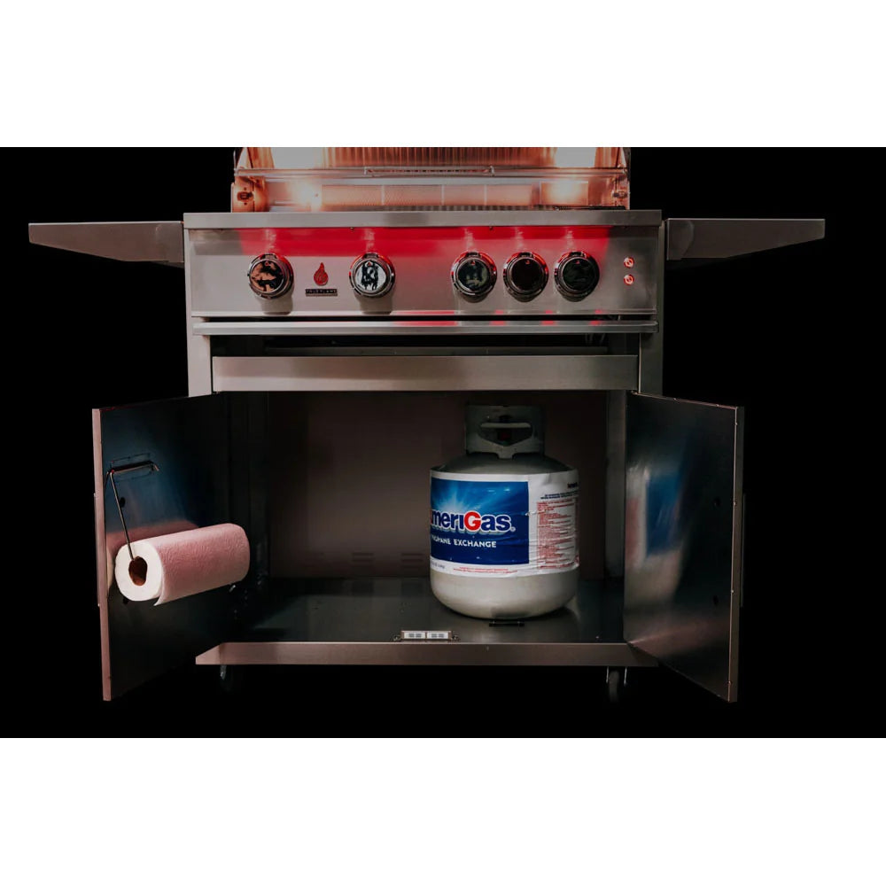 Open storage compartment showing propane tank and paper towel holder inside TrueFlame grill cart