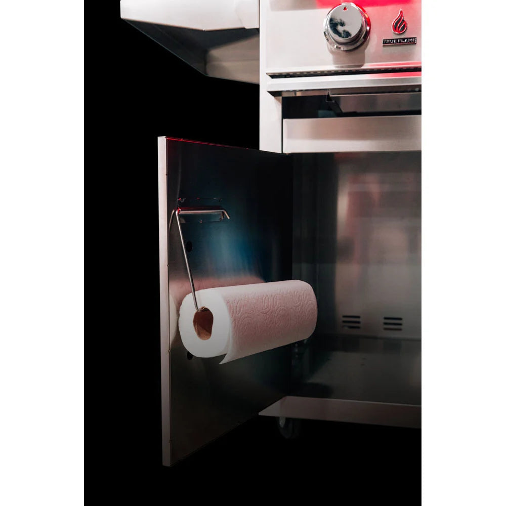 Built-in paper towel holder inside TrueFlame Deluxe Freestanding Grill Cart