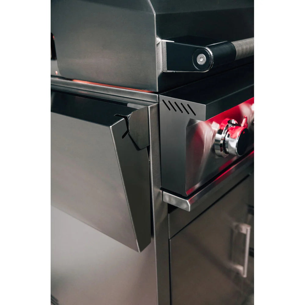 TrueFlame Deluxe Freestanding Grill Cart with side shelf folded down for compact storage