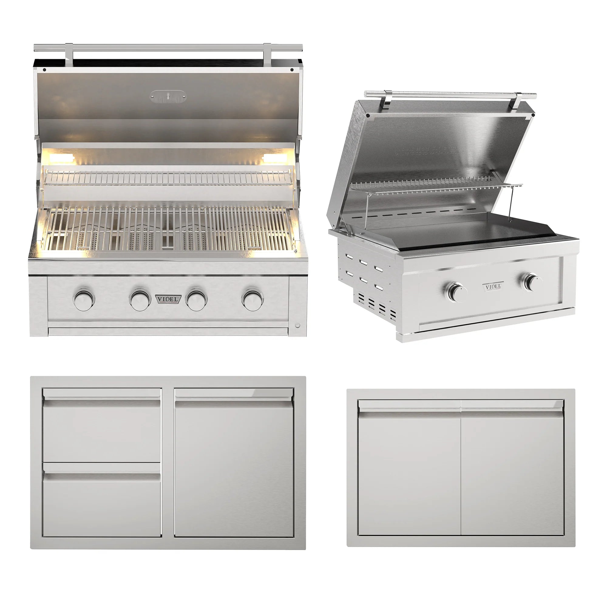 Gran Fuego gas grill, Gran Plancha griddle, stainless steel doors, and storage drawers installed in the Signature Collection 3 outdoor kitchen