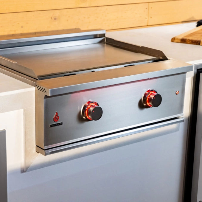 Close-up of the TrueFlame TFG30 built-in gas griddle featuring an 8mm stainless steel cooking surface and LED controls
