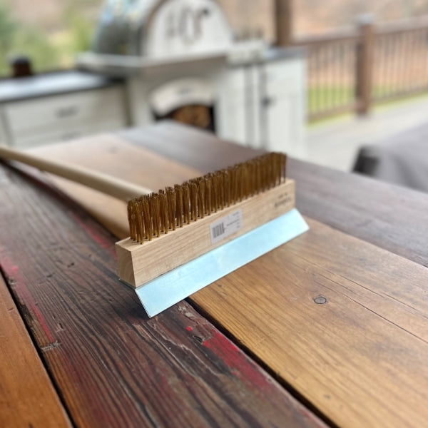 HPC Fire FDP-BRUSH pizza oven brush with brass bristles and integrated metal scraper for cleaning pizza oven surfaces